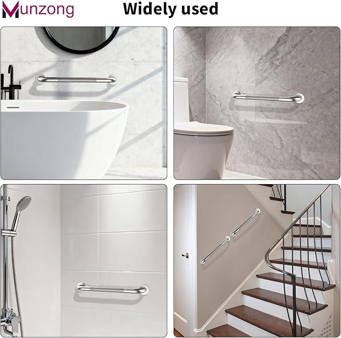 16 Inch Anti Slip Shower Grab Bar,Munzong 2 Pack Handicap Grab Bars,Brushed Nickel Knurled Bathroom Balance Bar,Safety Hand Rail Support Elderly Senior Bath Handle