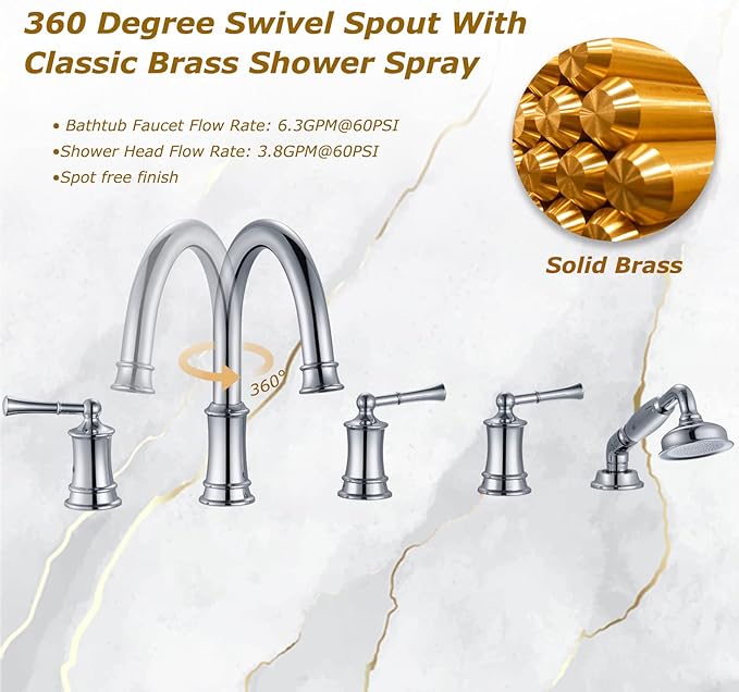 Roman Tub Faucet with Hand Shower, Antique Tub Shower Faucet Set with Valve for 5 Hole, Deck Mount 3 Handle Bathtub Filler High Flow, Polished Chrome(B2309-CP)