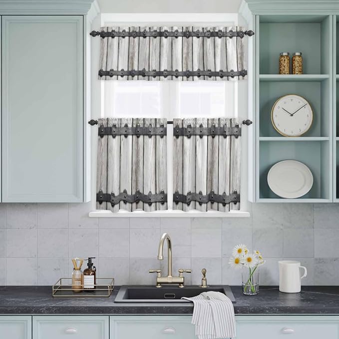 Farmhouse Rustic Kitchen Curtain Set, Vintage Country Wooden Grain Window - Image 9