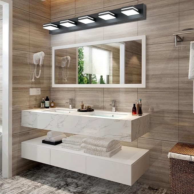 SineRise LED Modern Bathroom Vanity Light Fixtures (5-Light, 40-Inch, Dimmable), Matte Black Modern Acrylic Bathroom Wall Lighting Fixtures Over Mirror (Cool White 6000K)