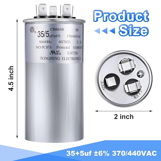 Frienda 35+5 MFD 35/5 uf ±6% 370V or 440V VAC Dual Run Round Capacitor - Image 2