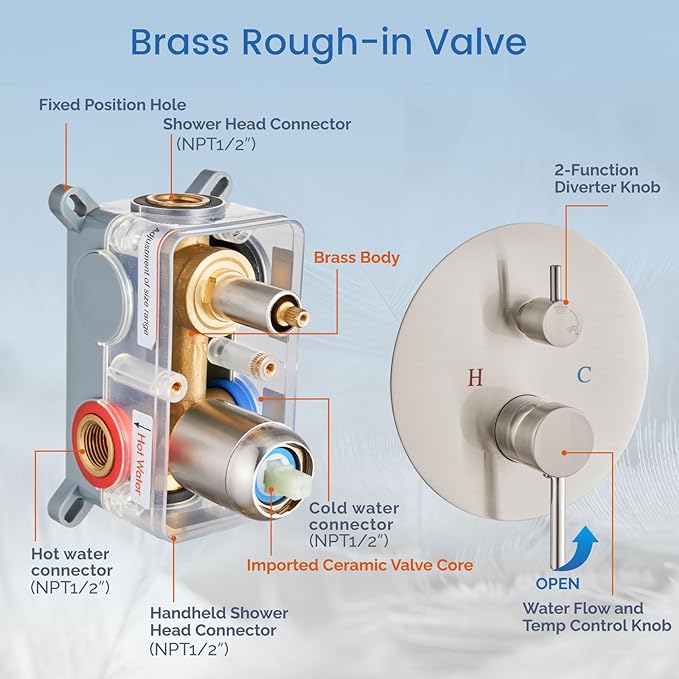 Airuida Shower Fixtures 2 Functions Shower Faucet Set Wall Mounted for Bathroom High Pressure Brass Handheld Shower with Rough-in Valve Round Rainfall 12 Inch Shower Head Brushed Nickel
