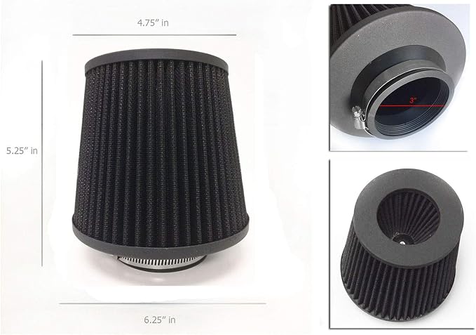 Black Cold Air Intake Cone Replacement Performance Washable Clamp-on Dry Filter - Image 2