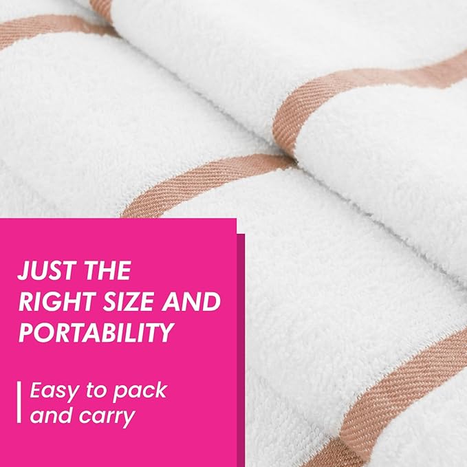 CASA COPENHAGEN Cabana Beach Towel Designed in Denmark Rough and Tough, Quick Dry, Pool, Bath & Shower 30x60 inches 4 Pieces Cotton Beach Bath Towels Set - White Beige Stripe