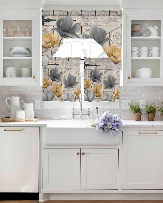 Vintage Tulip Swag Kitchen Curtains Valance and Tier Set, Farmhouse Retro Blue - Image 4