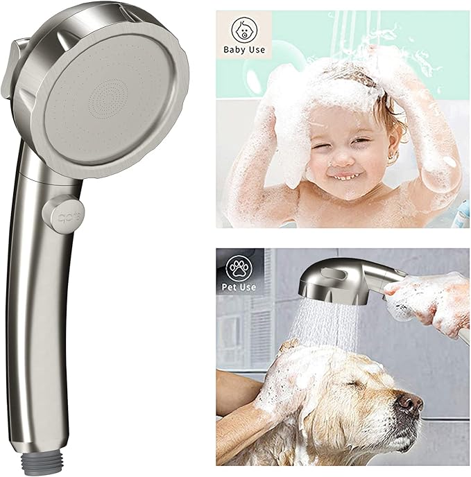 KAIYING Brushed Nickel High Pressure Handheld Shower Head with ON/OFF Switch, 3 Spray Modes, Adjustable Angle Bracket, and Hose