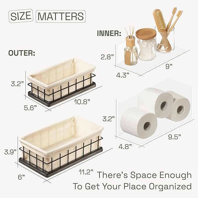 BAOBAB WORKSHOP Set of 2 Metal & Wooden Basket with Liners - Bathroom Basket Organizer & Kitchen Storage Decor - Toilet Paper Baskets for Back of Toilet Tank Tray Topper