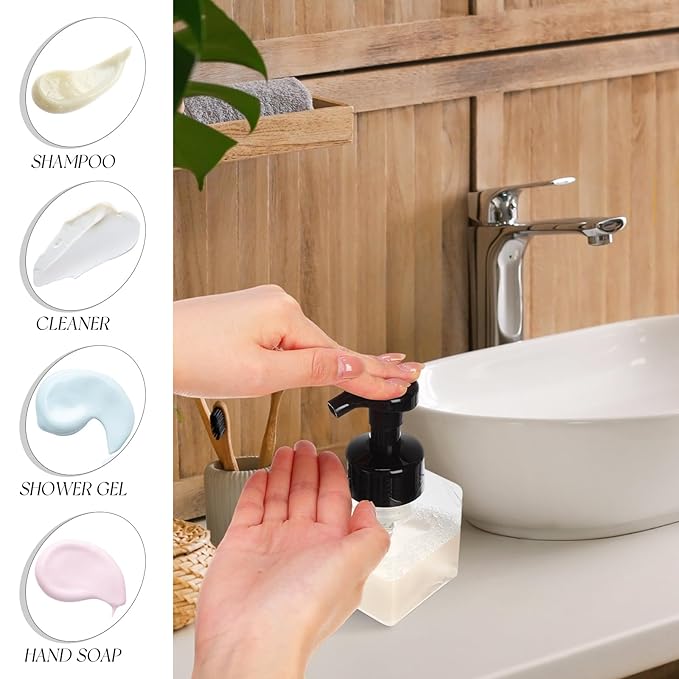 Domensi 12 Pcs Foam Pump Bottle Foaming Soap Dispenser Empty Travel Foaming Dispenser 8.5 oz Refillable Hand Soap Plastic Pump Bottle Travel Essentials Clear Container for Bathroom Vanities (Black)