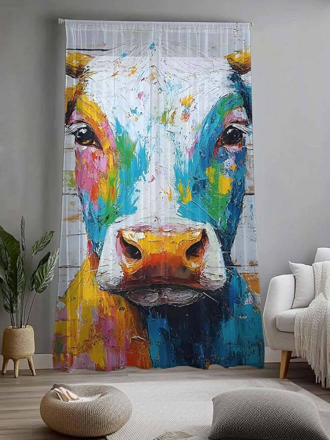 Sheer Curtains 96 Inches Long, Funny Colorful Cow Semi Sheer Curtains Light - Image 2