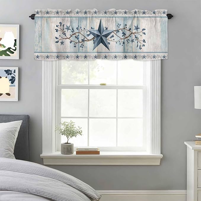 Blue Texas Star Valances for Windows, Vintage Star Berry Blue Beige Wood Grain - Image 3