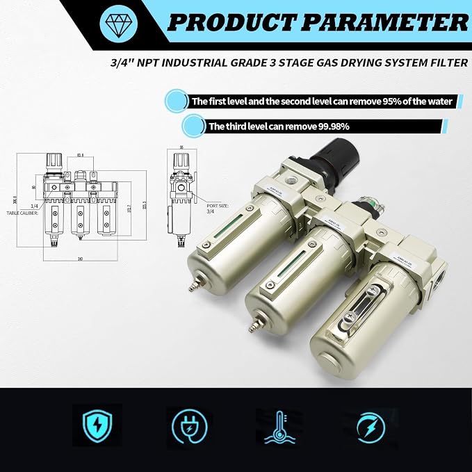 3/4" NPT Industrial Grade 3 Stage Drying System Filter, Coalescing Filter - Image 2