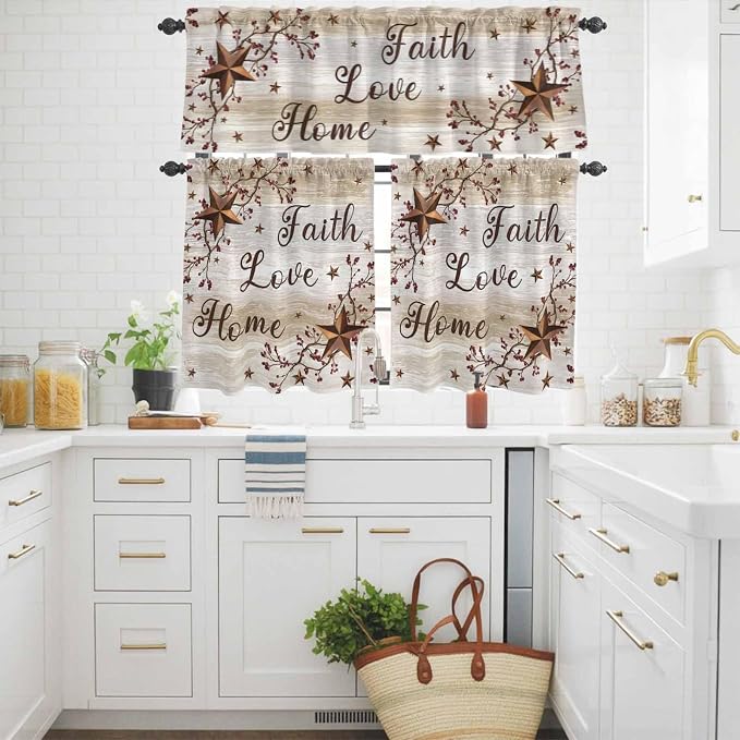Kitchen Curtains Tiers and Valance Set of 3, Texas Star Brown Light Filtering - Image 3