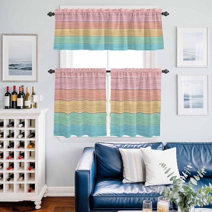 Kitchen Window Curtains Valance and Tier Set, Farm Colorful Wooden Plank Rod - Image 9