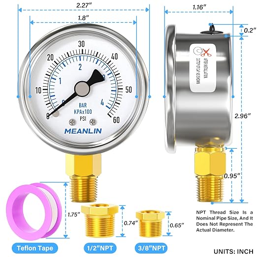 MEANLIN MEASURE 0~60Psi Dry Pressure Gauge Stainless Steel 1/4" NPT 2" FACE - Image 2