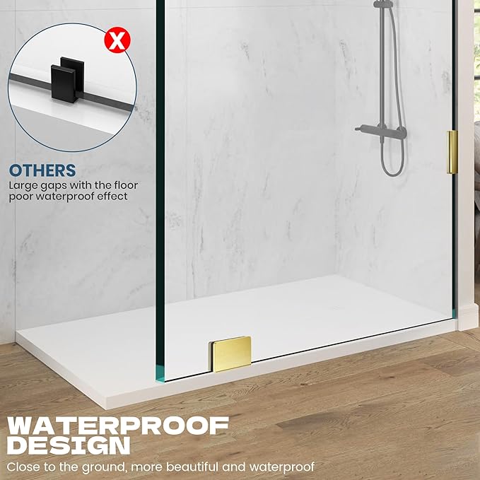 34" W ×74" H Shower Glass Panel, Frameless Bathroom Shower Door, Fixed Glass Shower Panel with Clamps, 5/16"(8mm) Thick Clear Tempered Shower Door in Brushed Gold