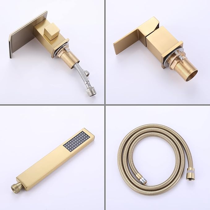 TapLong Roman Tub Faucet Waterfall Tub Filler Waterfall Deck Mount Bathtub Filler Faucet with Sprayer 3 Hole Widespread Tub Filler Deck Mount Solid Brass Brushed Gold, 02763BG