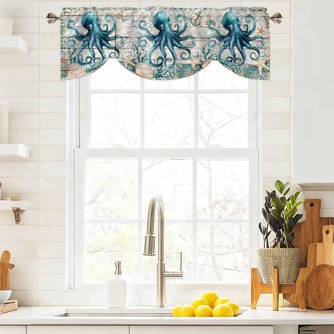 Sea Octopus Ocean Starfish Tie Up Valance Curtains, Nautical Anchor Vintage - Image 2