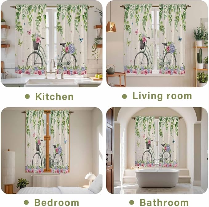 Farmhouse Spring Kitchen Curtains, Retro Bicycles Flowers Vines Butterfly Light - Image 8