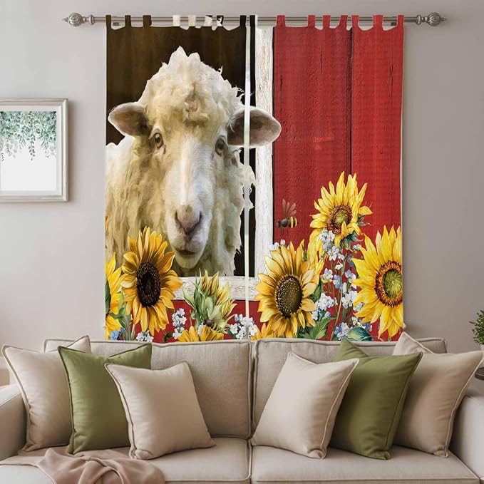 Sheep Flowers Living Room Curtains 84 Inch Length, Window Curtains Tab Top - Image 3
