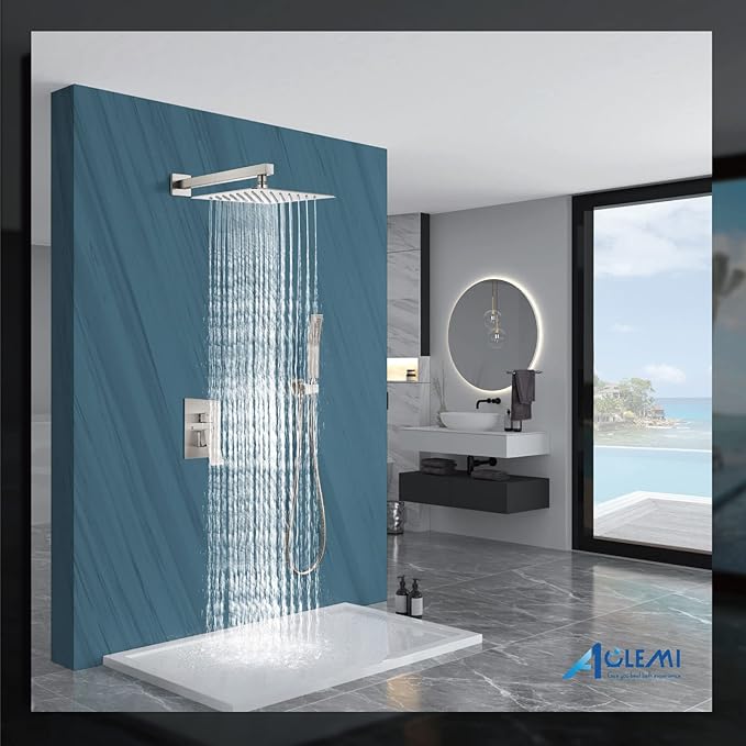 Aolemi Shower Faucet Set Rain Shower System with Handheld Spray Bathroom Shower Combo Rough-in Valve and Shower Trim Kit Included Brushed Nickel 10 Inch Wall Mount Shower Head