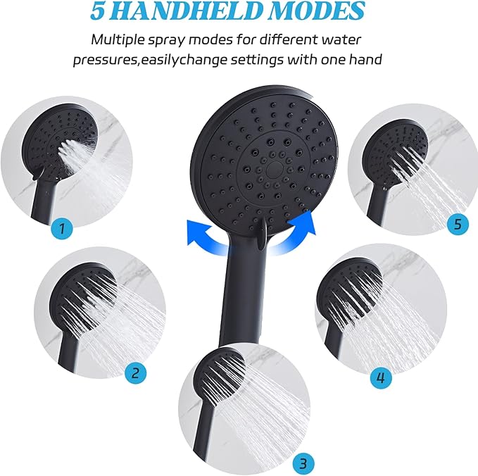 Shower Head 8'' High Pressure Rainfall, Handheld Shower Combo with 11'' Extension Arm, 5 Spray, Anti-leak Luxury Premium Quality, Rainfall Shower Head with Handheld Spray Combo, Matte Black