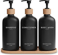 Black Shampoo and Conditioner Dispenser Set by Brighter Barns - Body Wash, Shampoo Dispenser for Shower with Pump - Refillable Plastic Shower Soap Dispenser for Bathroom Decor in Home, Airbnb (Black)