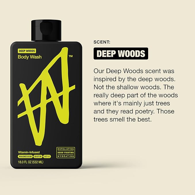 W By Jake Paul Body Wash for Men, Exfoliating Shower Gel with Jojoba Oil, Deep Clean Hydrating Mens Bodywash, Deep Woods Scent, 18 fl oz