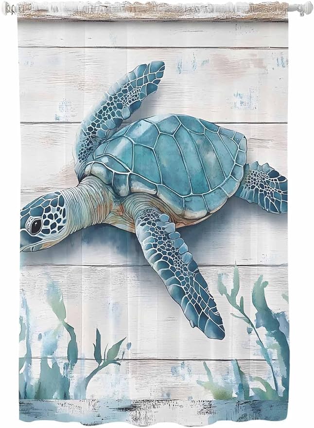 Sheer Curtains 63 Inch Length, Teal Green Sea Turtle Semi Sheer Curtains Light by Unknown