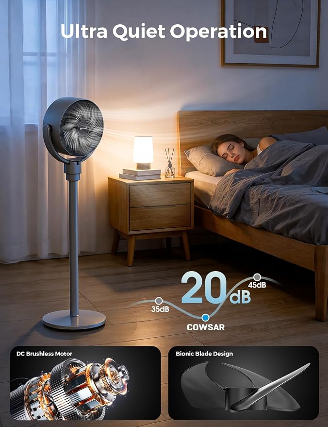 COWSAR Standing Fan for Bedroom, 20dB Quiet Floor Fan, 150°+120°Auto - Image 4