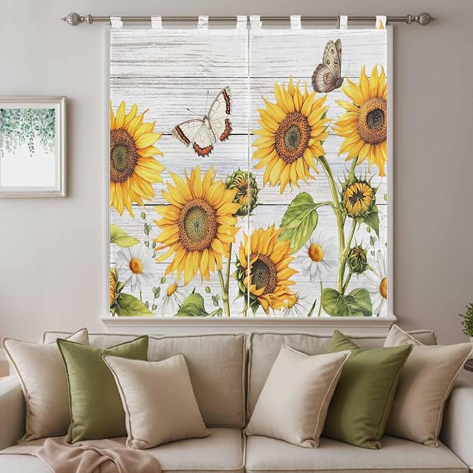Yellow Sunflowers Bathroom Curtains 63 Inch Length, Window Curtains Tab Top - Image 9