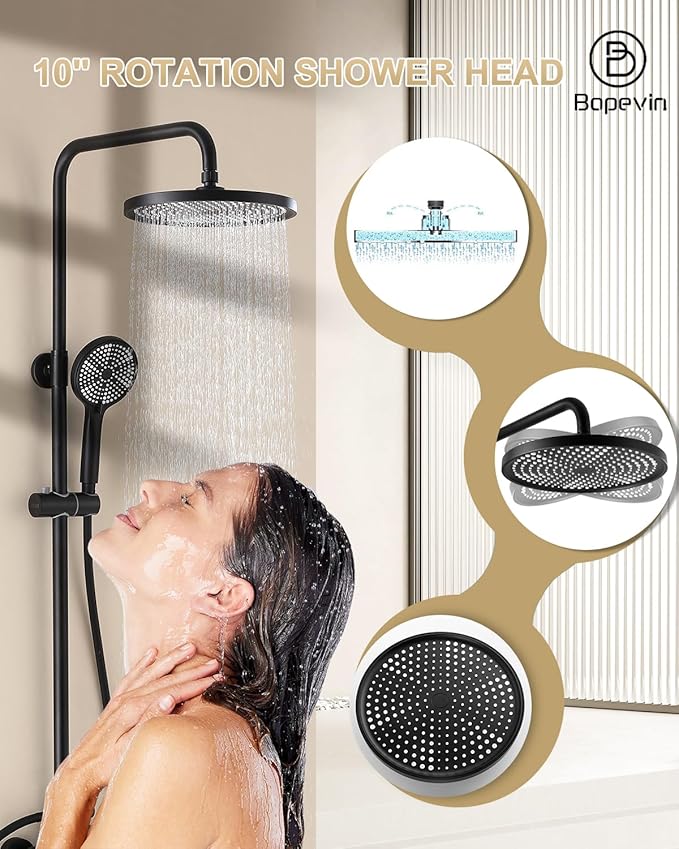 Outdoor Shower, 3 Functions Outdoor Shower Fixture SUS304 Stainless Steel Rain Shower Kit Faucet High Pressure Wall Mount 10 Inch Showerhead and Handheld Spray Combo,Single Handle, Matte Black