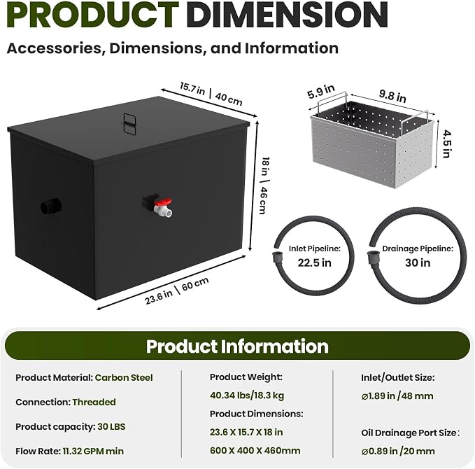 Grease Trap, 30 LBS Stainless Steel Interceptor, 23.6" × 15.7" × 18" Commercial - Image 3