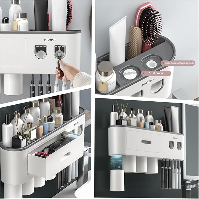 No-Drill Wall Mounted Toothbrush Holder, Bathroom Shelf, with Automatic Toothpaste Dispensers 6 Brush Hooks Magnetic Cups 1 Cosmetic Drawer Organizer and Large Storage (2 Dispensers 3 Cups)