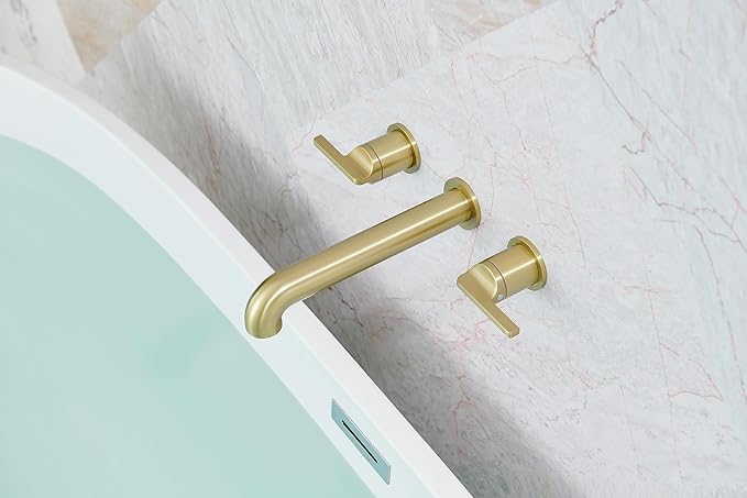SITGES Solid Brass Wall Mount Tub Filler,10" Long Spout Reach Wall Mount Bathtub Faucet with Two Lever Handles, High-End Design, High Flow Bathtub Faucet Set with Rough-in Valve included, Brushed Gold