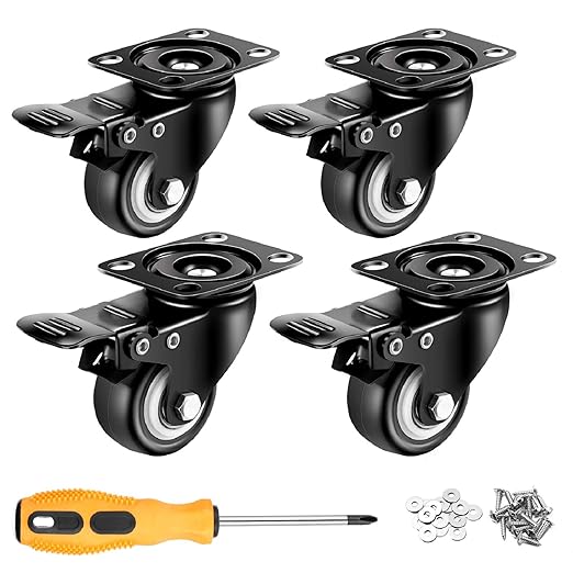2 inch Casters Set of 4 with Brake, Polyurethane and Floor Protection, by ABSLIMUS