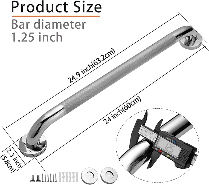 Shower Grab Bar, 2 Pack 24 Inch Bathroom Grab Bar, 304 Stainless Steel 1.25" Diameter Anti-Slip Handicap Grab Bar Support Shower Rail Senior Handrail Shower Safety Bar Handle