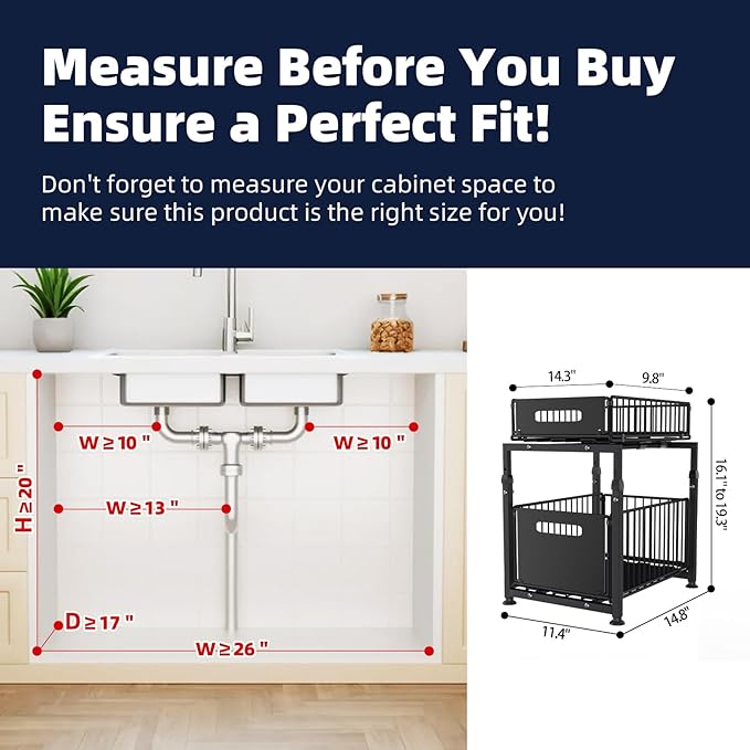 MIKEE Under Sink Organizer, 2 Tier Under Sink Organizers and Storage,Bathroom Cabinet Organizer with Adjustable Height, Pull Out Sink Shelf Cabinet Storage Shelves for Kitchen& Bathroom, Black