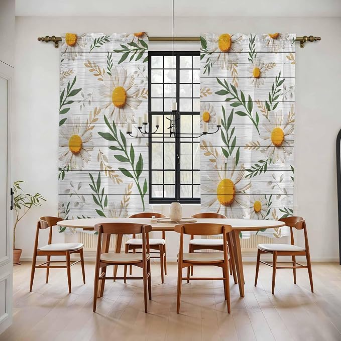 Spring Daisy Kitchen Curtains, Farmhouse Country Flower Leaf Plant Wood Grain - Image 2