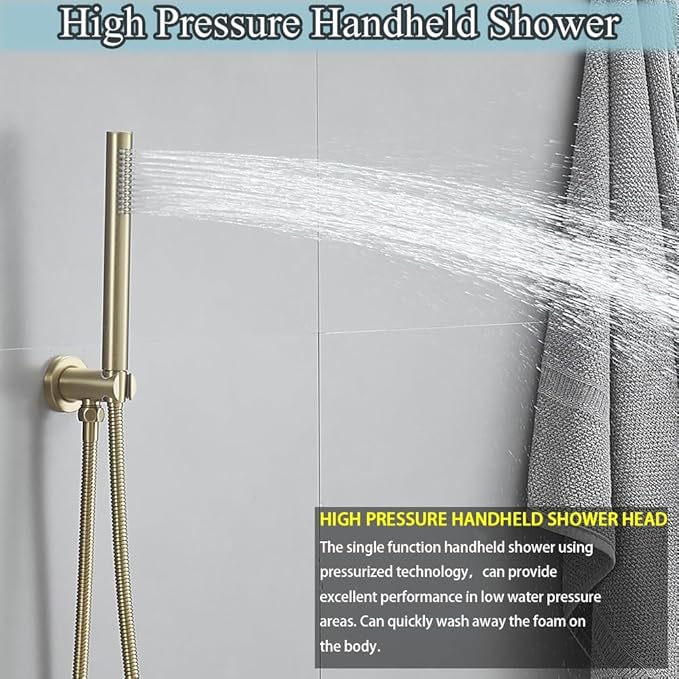 Brushed Gold Round Shower Faucet Set with Body Jets 10 Inch Shower Head Handheld Shower Combo Set High Pressure Ceiling Mount with Rough-in Valve