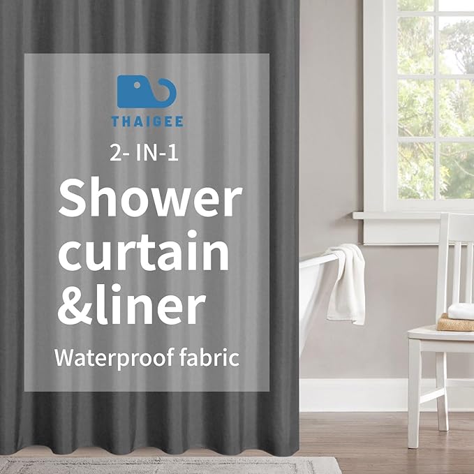 2-in-1 Waterproof Fabric Shower Curtain or Liner,Linen Textured,Breathable TPU & Washable Bathroom Shower Curtain Set with 12 Plastic Hooks,Modern,72"x72" Charcoalgrey