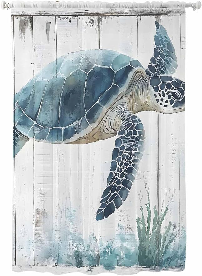 Sheer Curtains 63 Inch Length, Sea Turtle Teal Blue Semi Sheer Curtains Light by Unknown