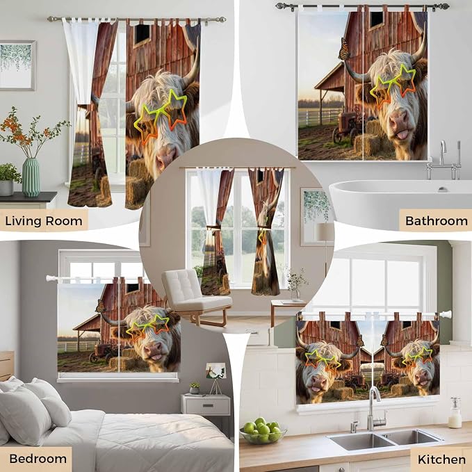 Farm Yaks Kitchen Curtains 24 Inch Length, Small Window Curtains Tab Top - Image 7