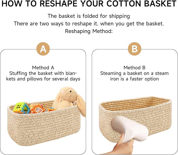 Small Storage Baskets for Organizing | Closet Organizer Bins | Shelf Toy Basket | Woven Rope Baskets | Cube Decorative Box | Shallow Basket | 11.5x7.5x4.7” | 3 Packs Light Pink