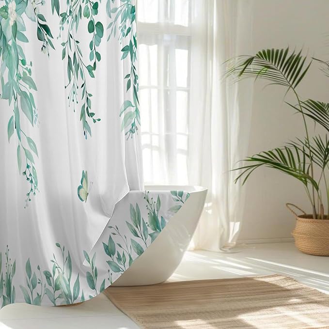 No Hook Shower Curtain and Liner Set, Teal Eucalyptus Floral Shower Curtains for Bathroom, Bath Curtain Sets with Snap in Liner, Waterproof with See Through Top Window, 71x84 Inches