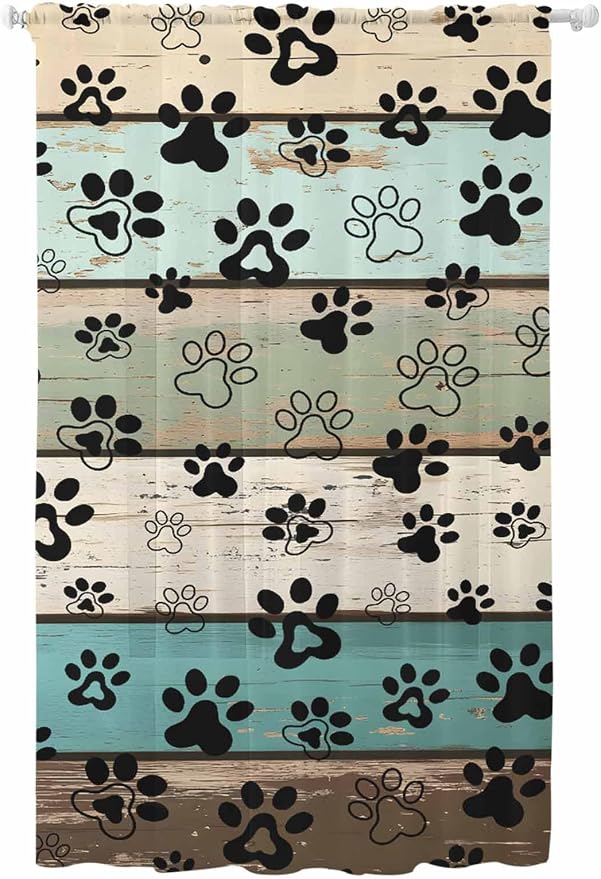 Sheer Curtains 84 Inches Long, Sage Green Brown Paw Prints Semi Sheer Curtains by Unknown