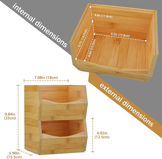 2 Set Open Front Small Stackable Storage Bins, Bamboo Stacking Storage Bins Snack Tea Bags Fruits Spices Countertop Storage, Rustic Organizer Bins for Pantry, Kitchen, Office, Bedroom (Small Natural)