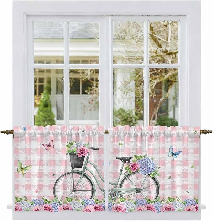 Spring Tier Curtains, Bicycles Leaves Butterfly Flowers Pink Buffalo Plaid by Unknown