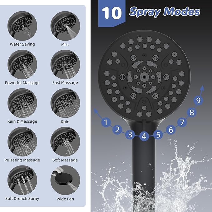 Hibbent Upgraded cUPC Certified 13'' Shower Head Combo, High Pressure 5 Spray Rainfall Showerhead with 10 Sprays Handheld, All Metal 3-way Diverter Shower Arm, 71'' Hose and Holder, Matte Black