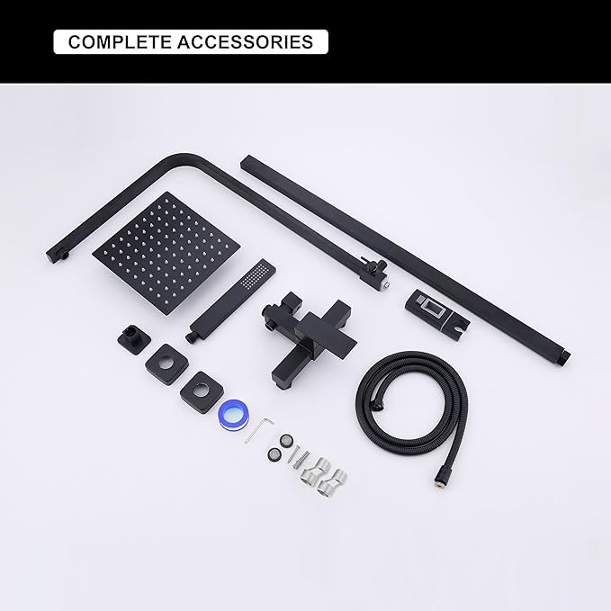 Outdoor Shower Kit, Solid Metal Tangular Outdoor Shower Faucet Fixtures with 8" Rainfall Showerhead with Handheld Sprayer Matte Black