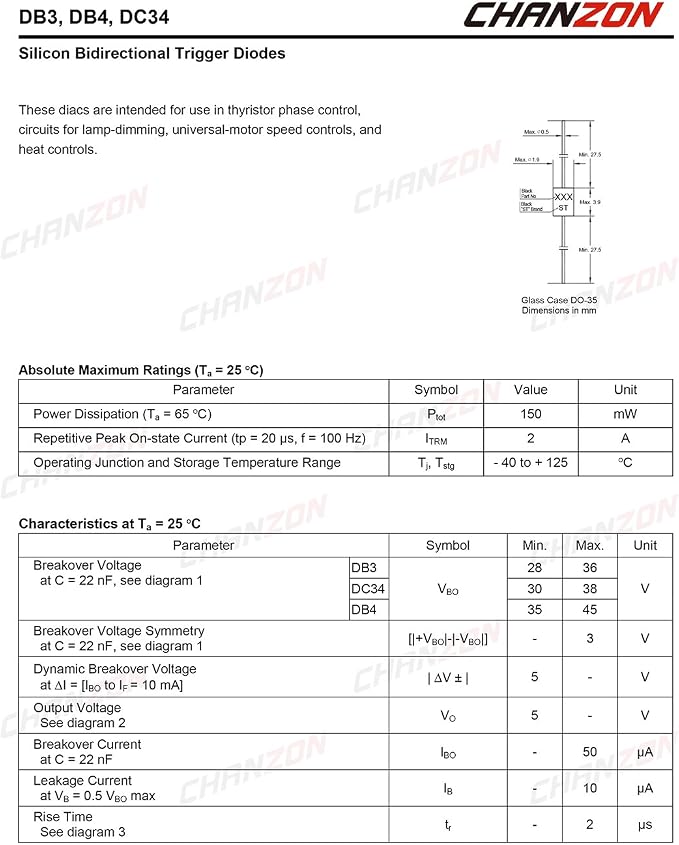 Chanzon DB3 DIAC Bidirectional Trigger Diode 2A 32V 150mW DO-35 DB-3 Axial - Image 2